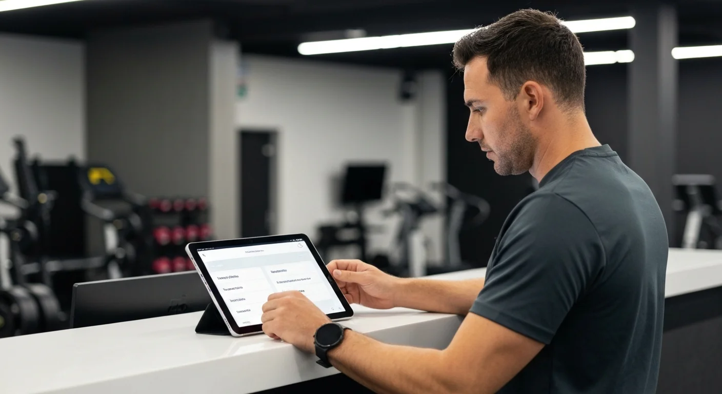 Dueño de gimnasio en Argentina revisando métricas de cobranza en su tablet dentro de la recepción.