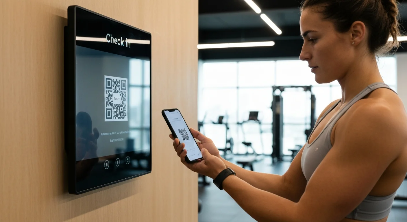 Socio realizando el check-in con código QR en un gimnasio moderno de Argentina.