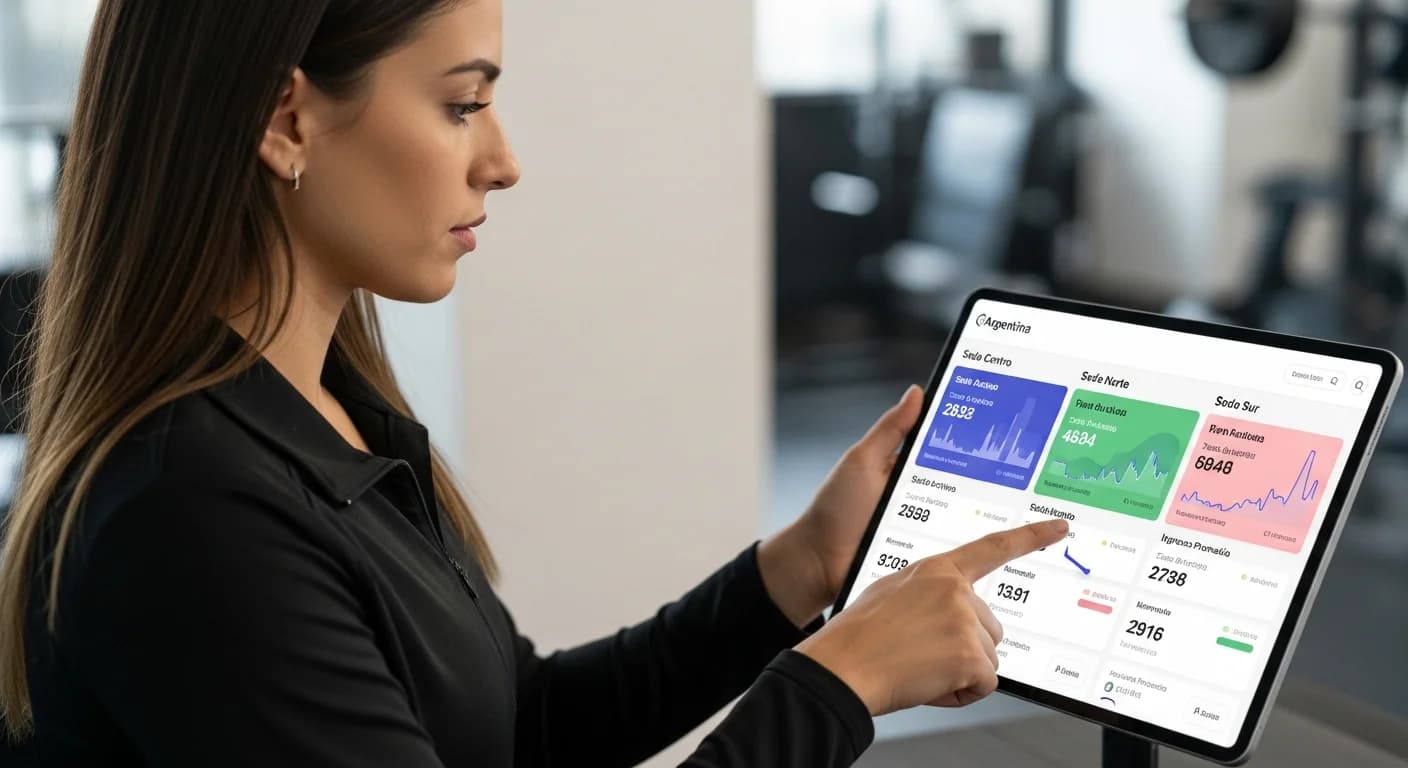 Manager de gimnasio analizando un dashboard digital con métricas comparativas de rendimiento de múltiples sedes en Argentina.