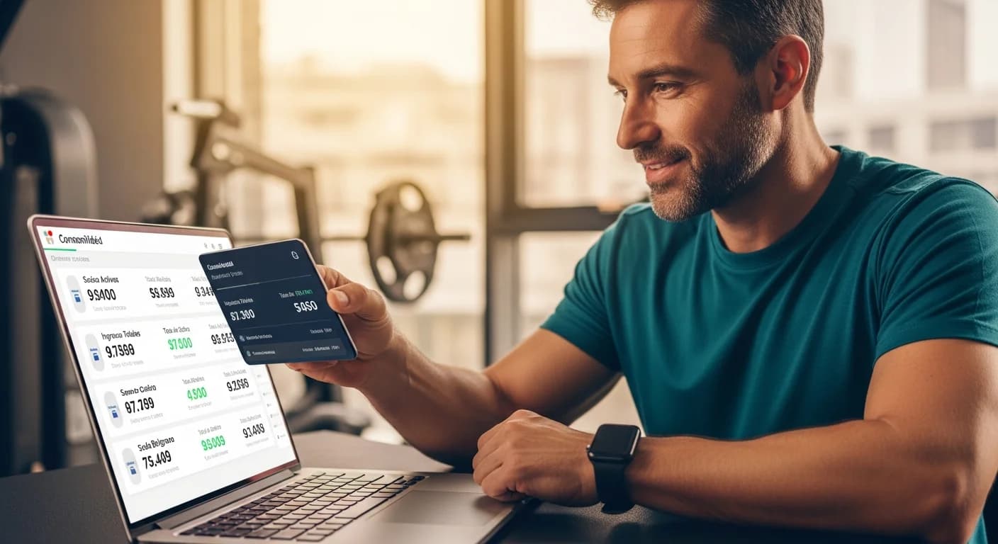 Dueño de gimnasio consultando un dashboard de GymSmartAccess con métricas clave y comparativas de sus sedes en Argentina.