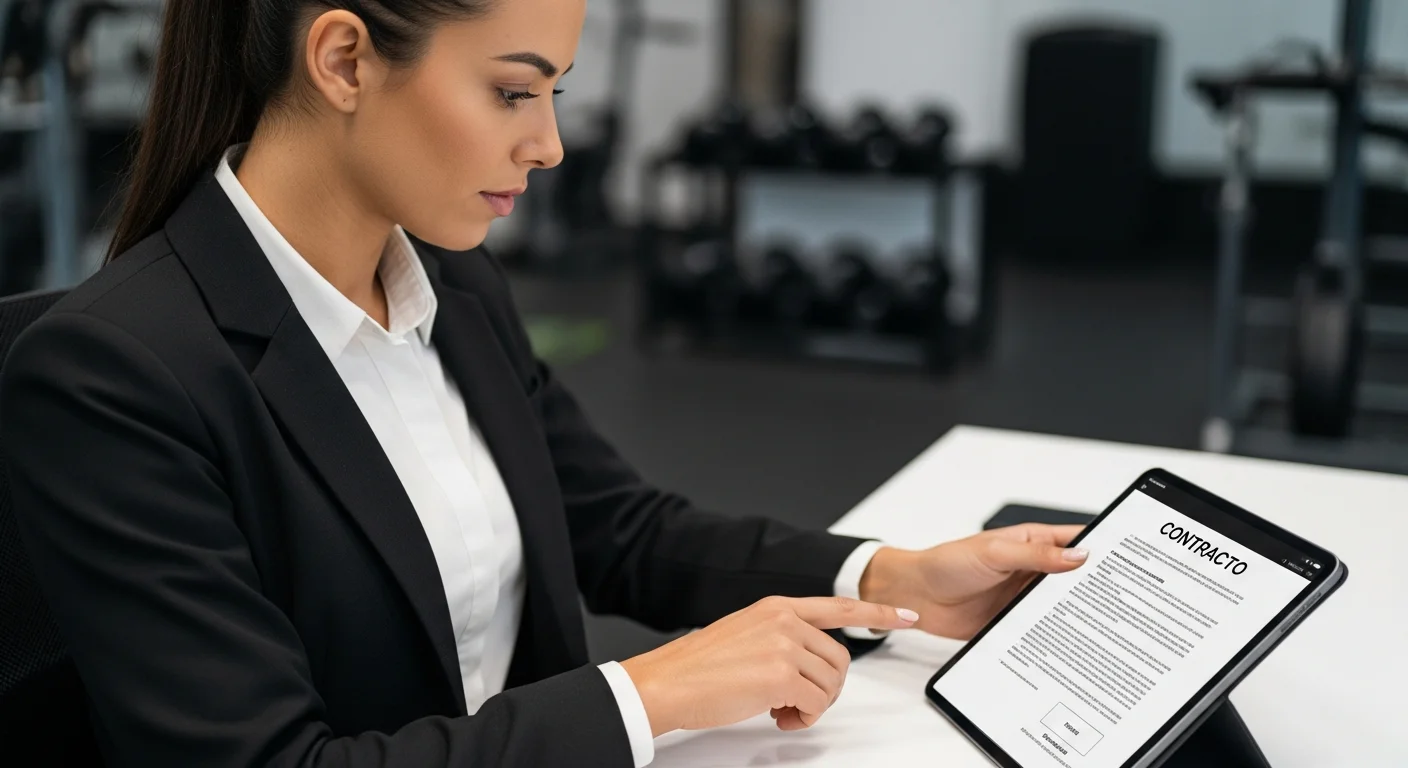 Dueña de gym revisando un contrato digital con firma electrónica en una tablet, asegurando la validez legal del documento.
