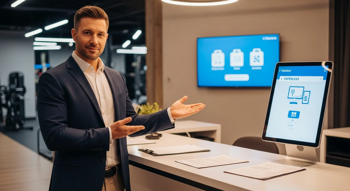 Dueño de gimnasio satisfecho en una recepción sin papeles, mostrando los beneficios de la digitalización de contratos.