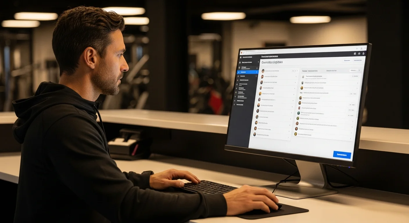 Manager de gym gestionando perfiles de socios y contratos digitales en una plataforma centralizada para múltiples sedes.