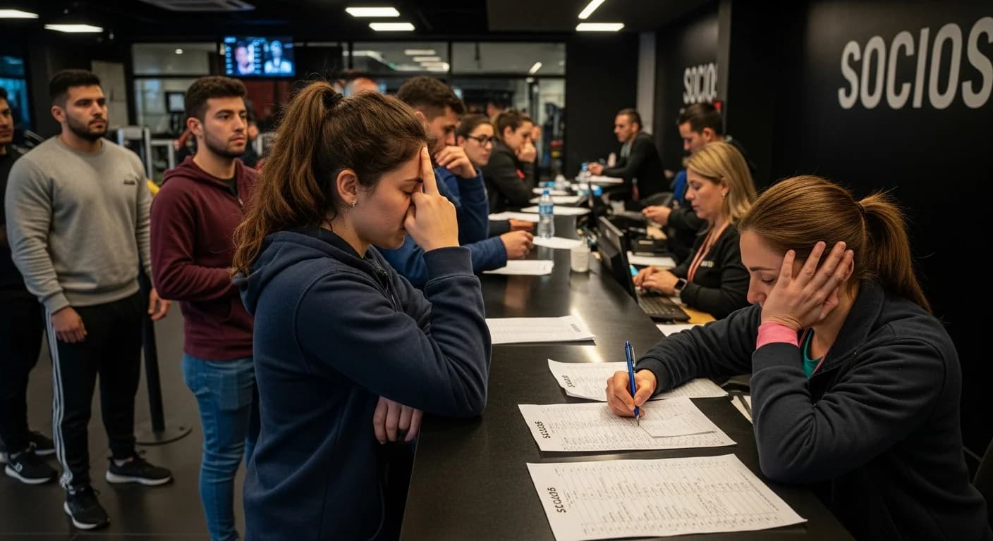 Socios frustrados esperando en una larga fila en la recepción de un gimnasio en Argentina, con una recepcionista abrumada por el check-in manual.