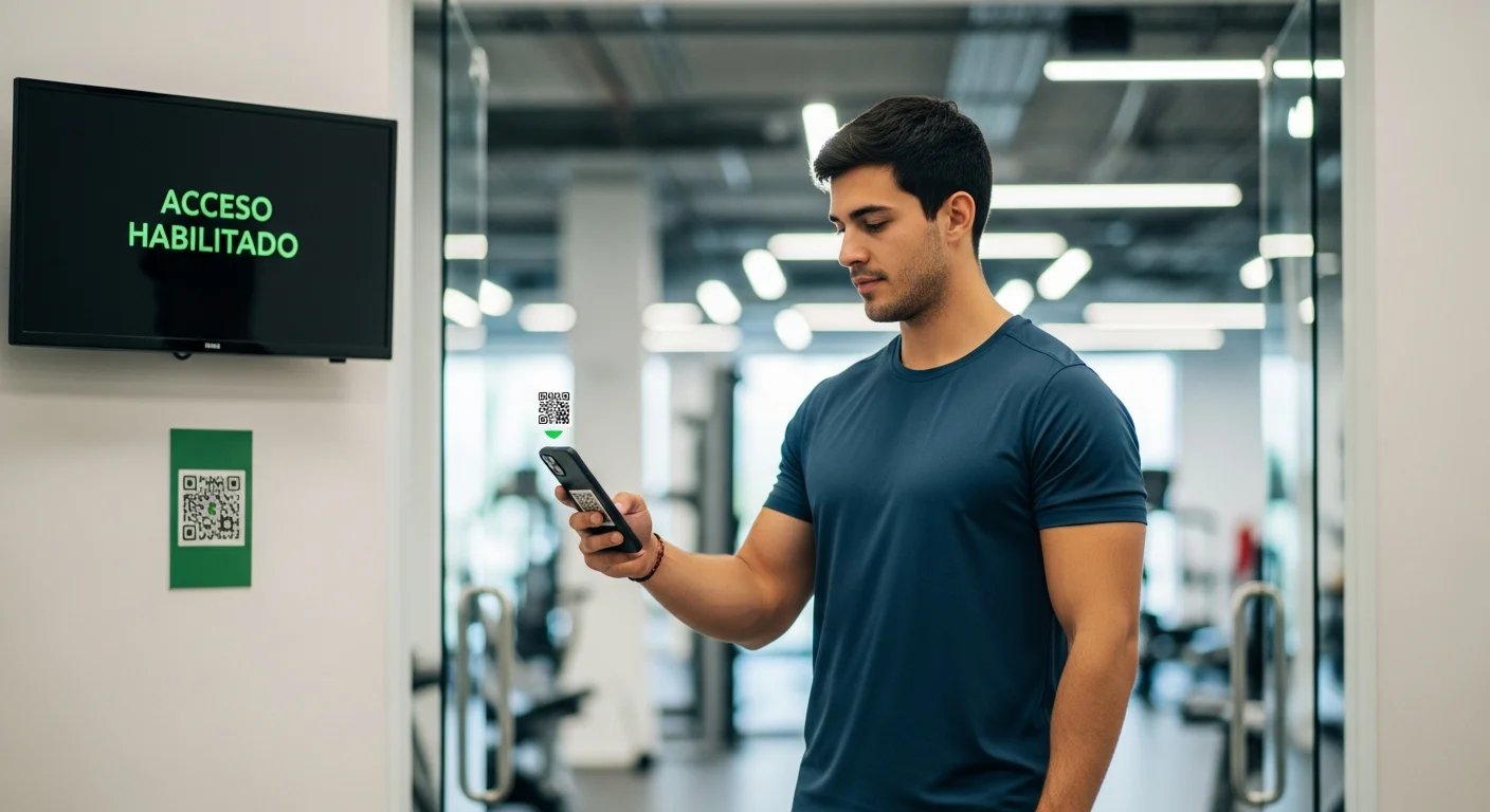 Socio escaneando un código QR con su celular para un acceso rápido y sin contacto a un gimnasio moderno en Argentina.