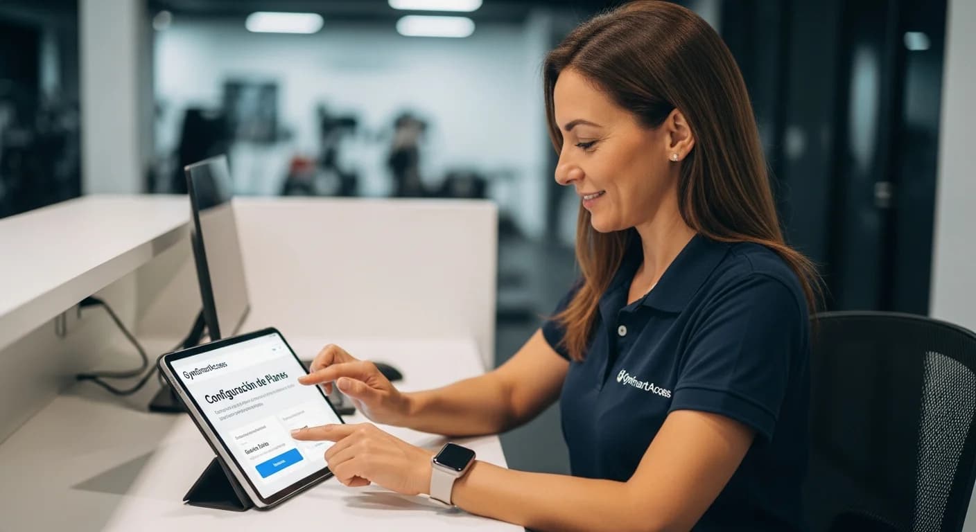 Dueña de gimnasio en Argentina configurando planes y socios en la plataforma GymSmartAccess desde una tablet con interfaz en español.