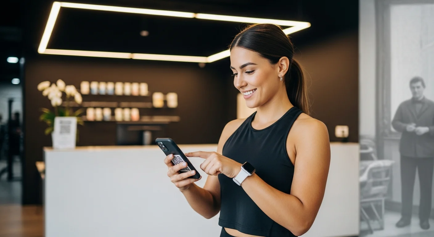 Socio escaneando un QR con su celular para ingresar al gimnasio, simbolizando un acceso ágil y moderno en Argentina.