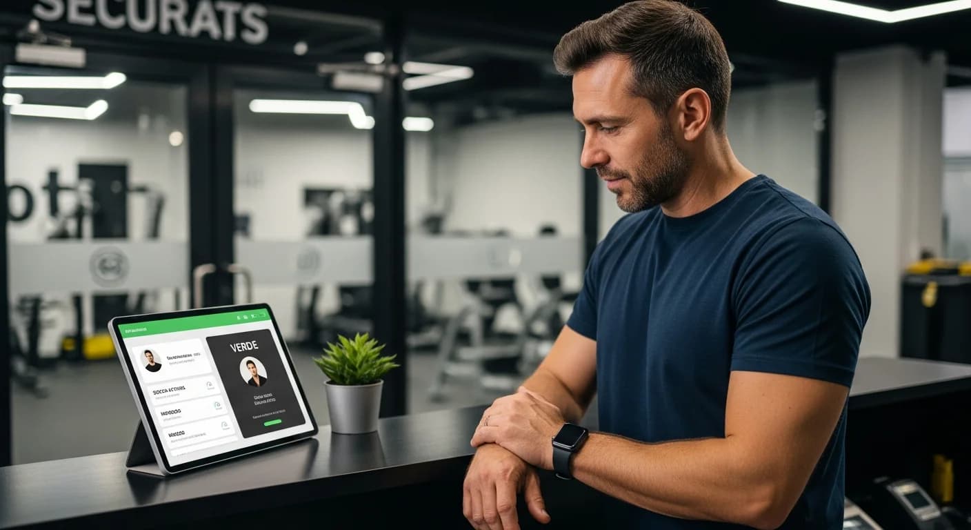 Dueño de gym en Argentina revisando un monitor de recepción con estado VERDE, asegurando el control y seguridad del acceso.