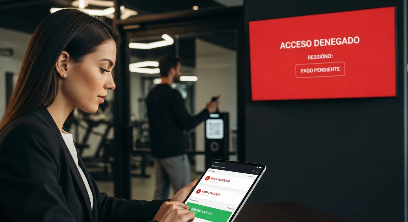 Dueña de gimnasio revisando pagos pendientes en tablet, mientras el sistema deniega un acceso por morosidad en el monitor.