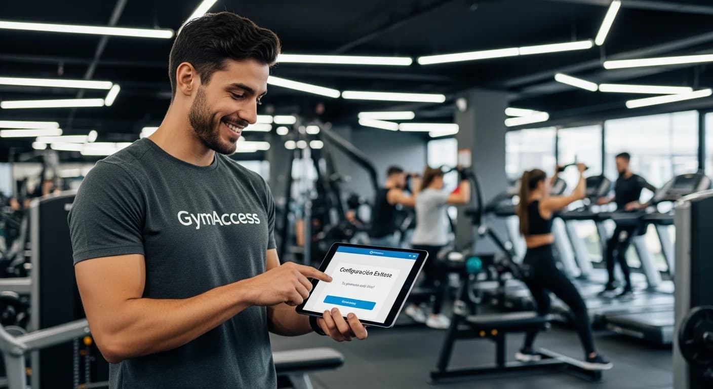 Joven dueño de gimnasio configurando rápidamente el sistema GymAccess en una tablet, con socios entrenando al fondo.