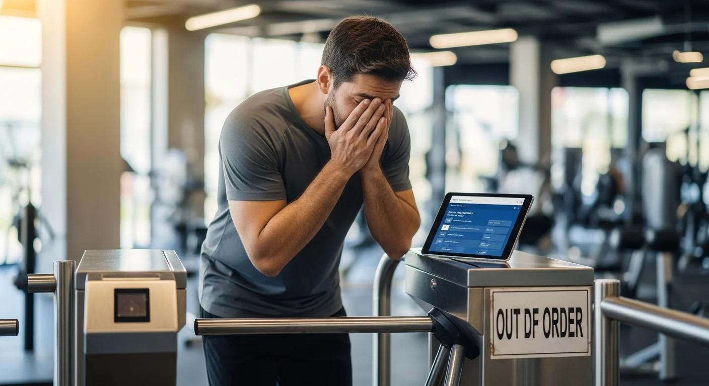 Dueño de gimnasio en Argentina reemplazando un molinete roto por un sistema de acceso digital con tablet.