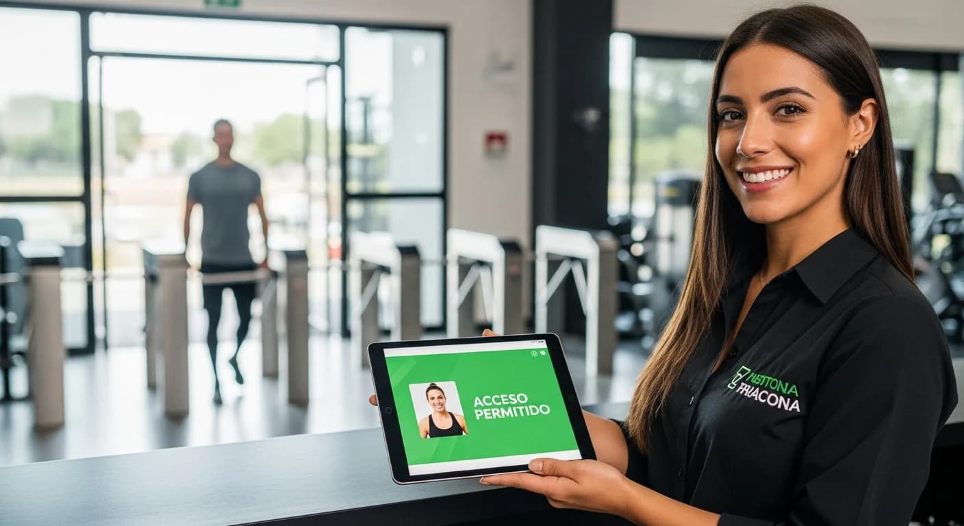 Recepcionista de gimnasio validando el ingreso de un socio mediante un sistema de control de acceso por QR.