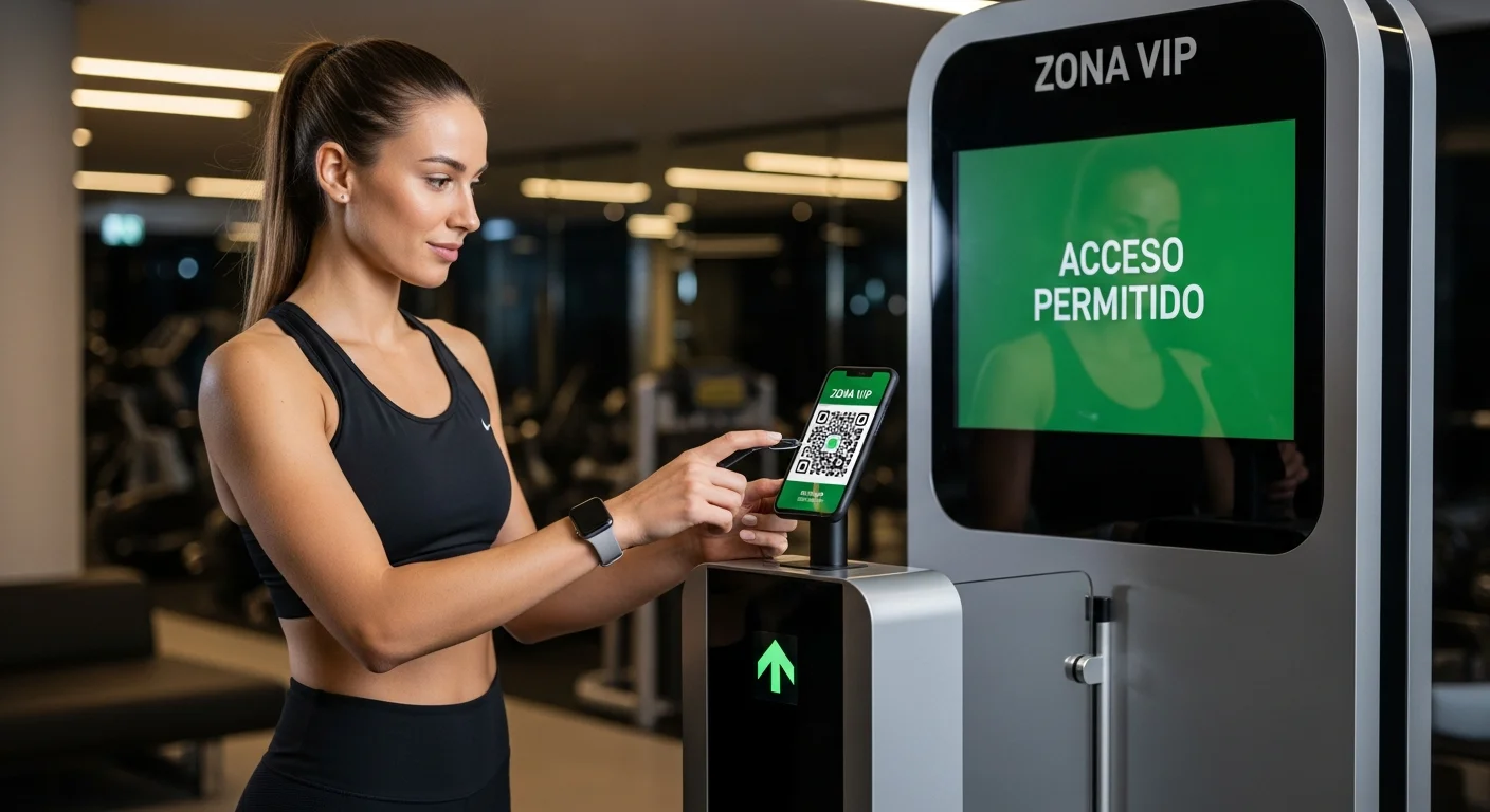 Socia sonriente usando QR para acceder a una zona VIP de un gimnasio moderno, mostrando control de acceso por zonas.