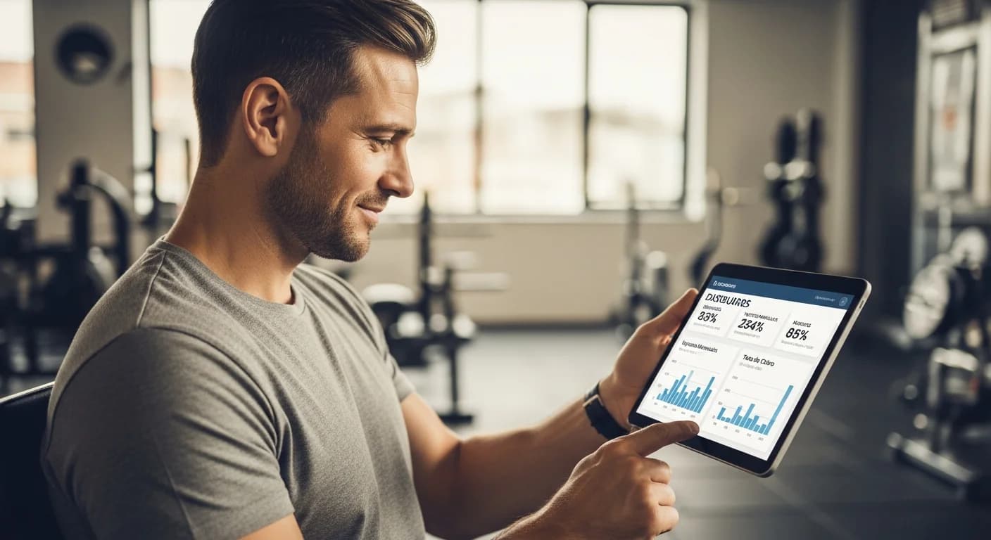 Dueño de gimnasio analizando un dashboard digital con métricas clave como socios, ingresos y morosos para una gestión integral.