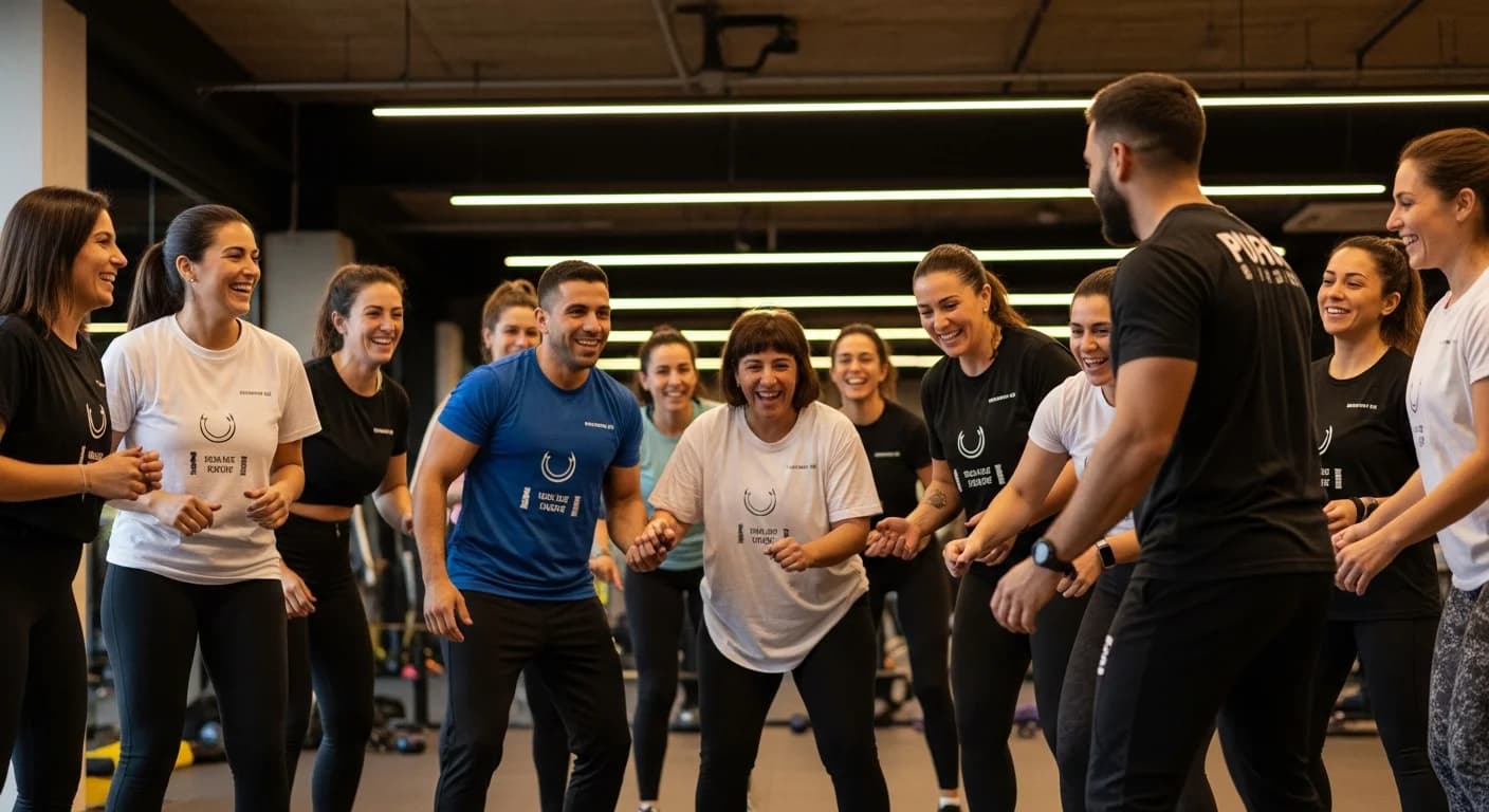 Socios de un gimnasio en Argentina participan sonrientes en una clase grupal temática, fomentando la comunidad y el engagement fitness.