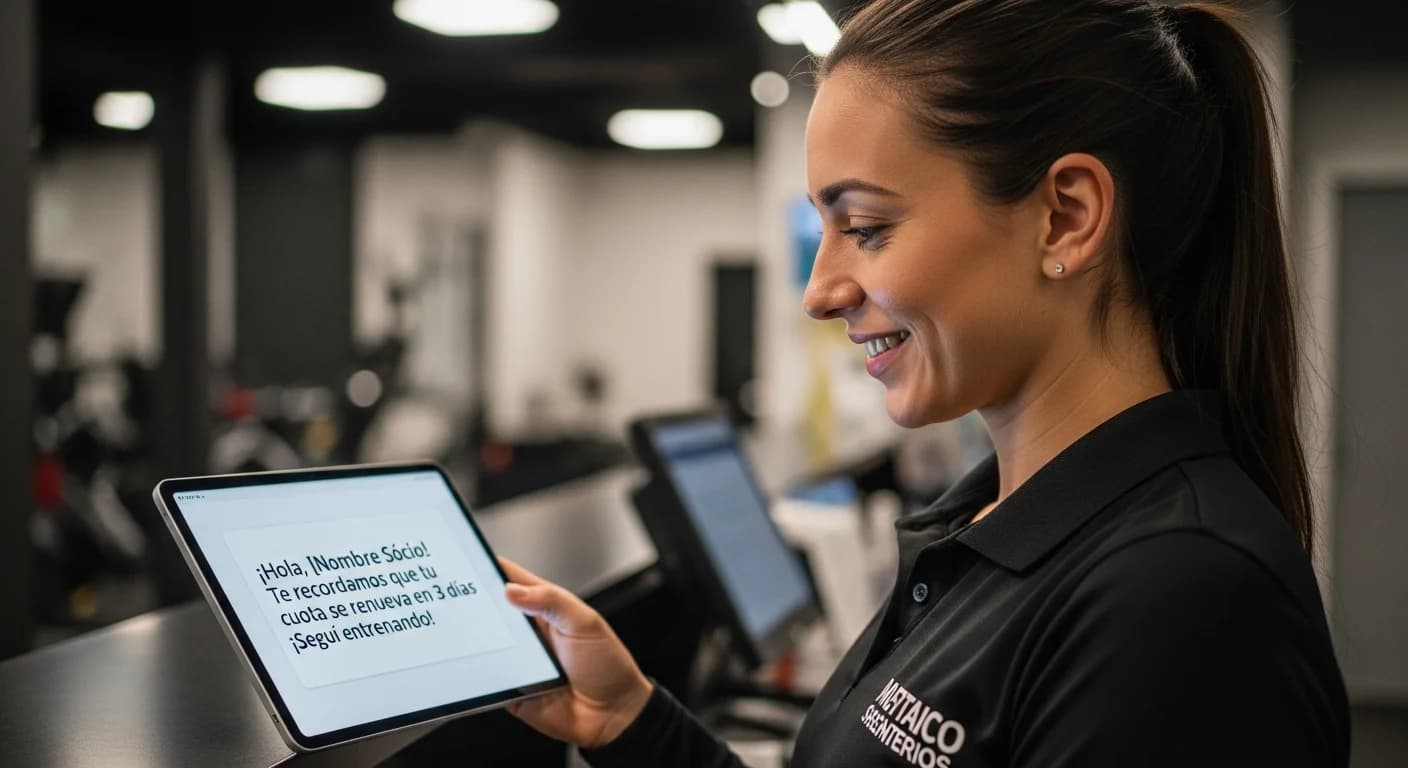 Dueña de gimnasio gestiona la comunicación con socios desde una tablet, enviando mensajes personalizados para fidelizar la comunidad.