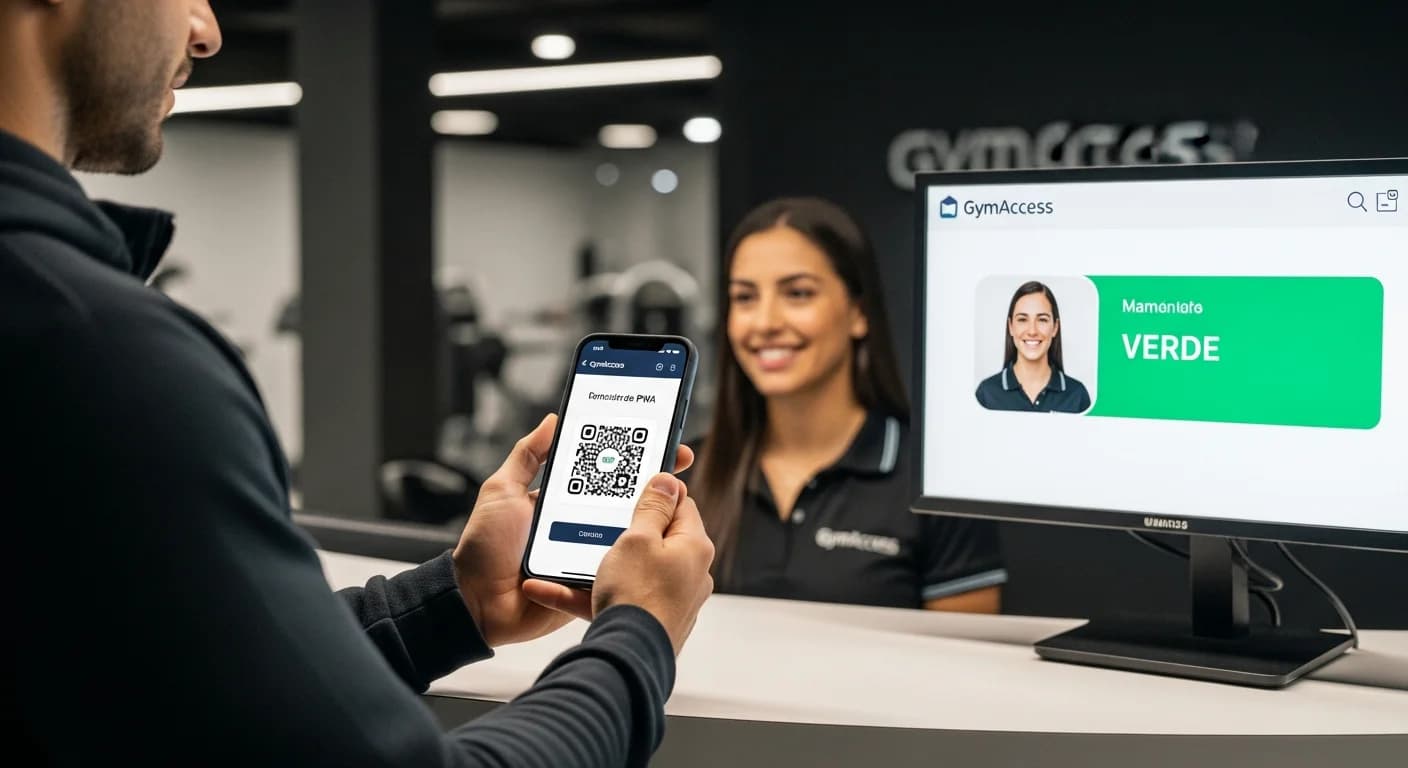 Socio de gimnasio realiza check-in escaneando QR con su celular, mientras el monitor muestra su acceso VERDE, agilizando la entrada.