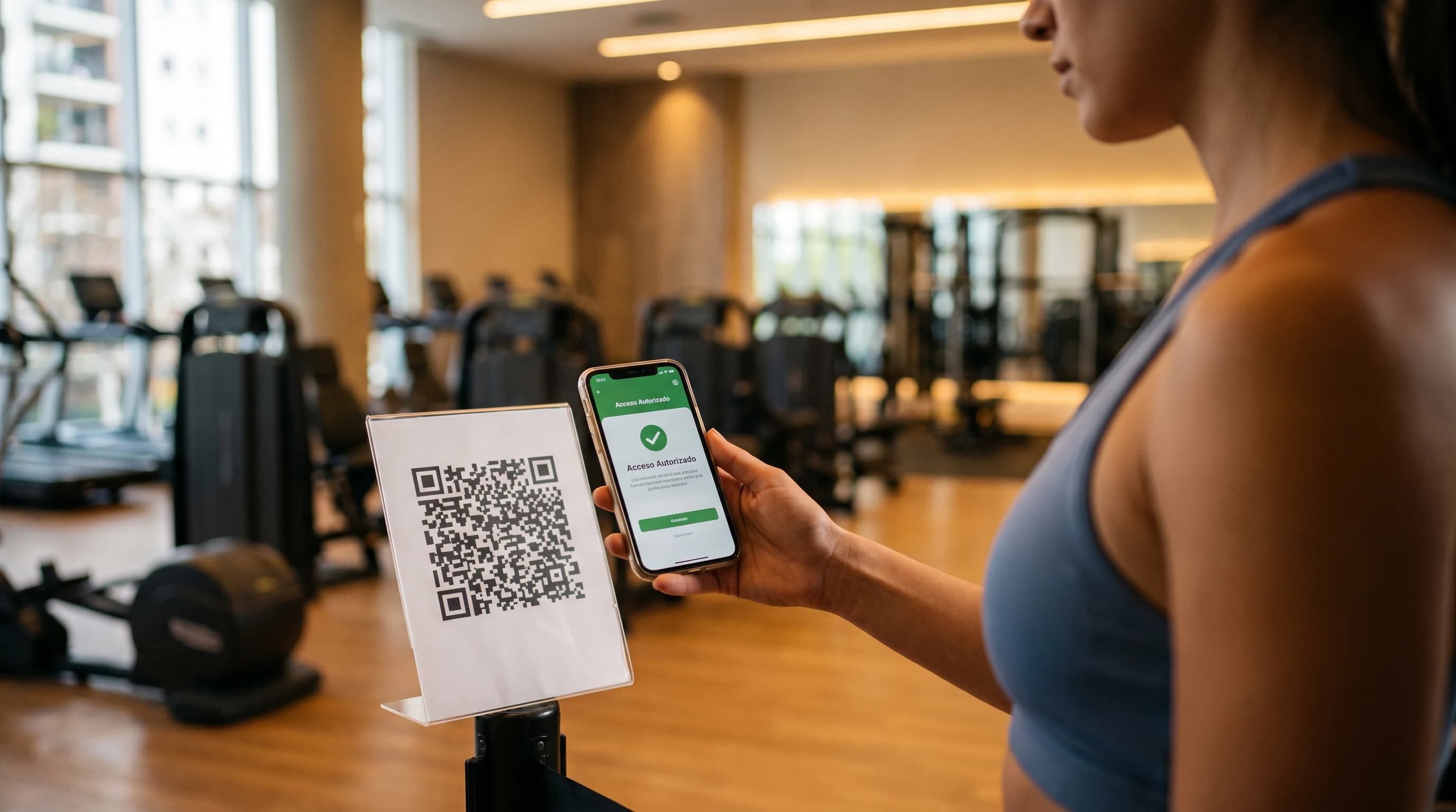 Socio escaneando un código QR con su celular para realizar el check-in de ingreso en un gimnasio de Argentina.