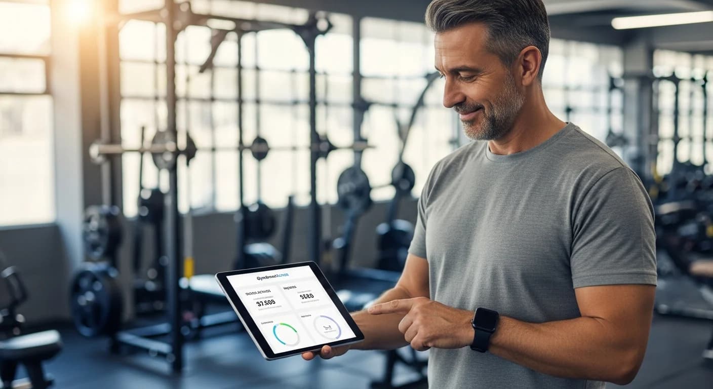 Dueño de gym argentino sonriente revisando métricas de socios e ingresos en su tablet, mostrando la eficiencia de la gestión digital.
