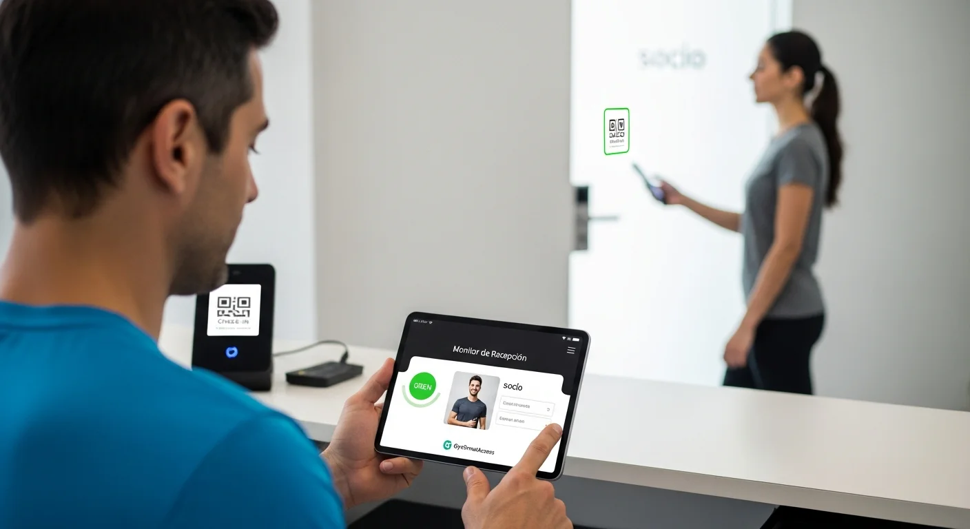 Dueño de gym argentino viendo el monitor de recepción de GymSmartAccess en su tablet, mostrando un check-in exitoso con QR.