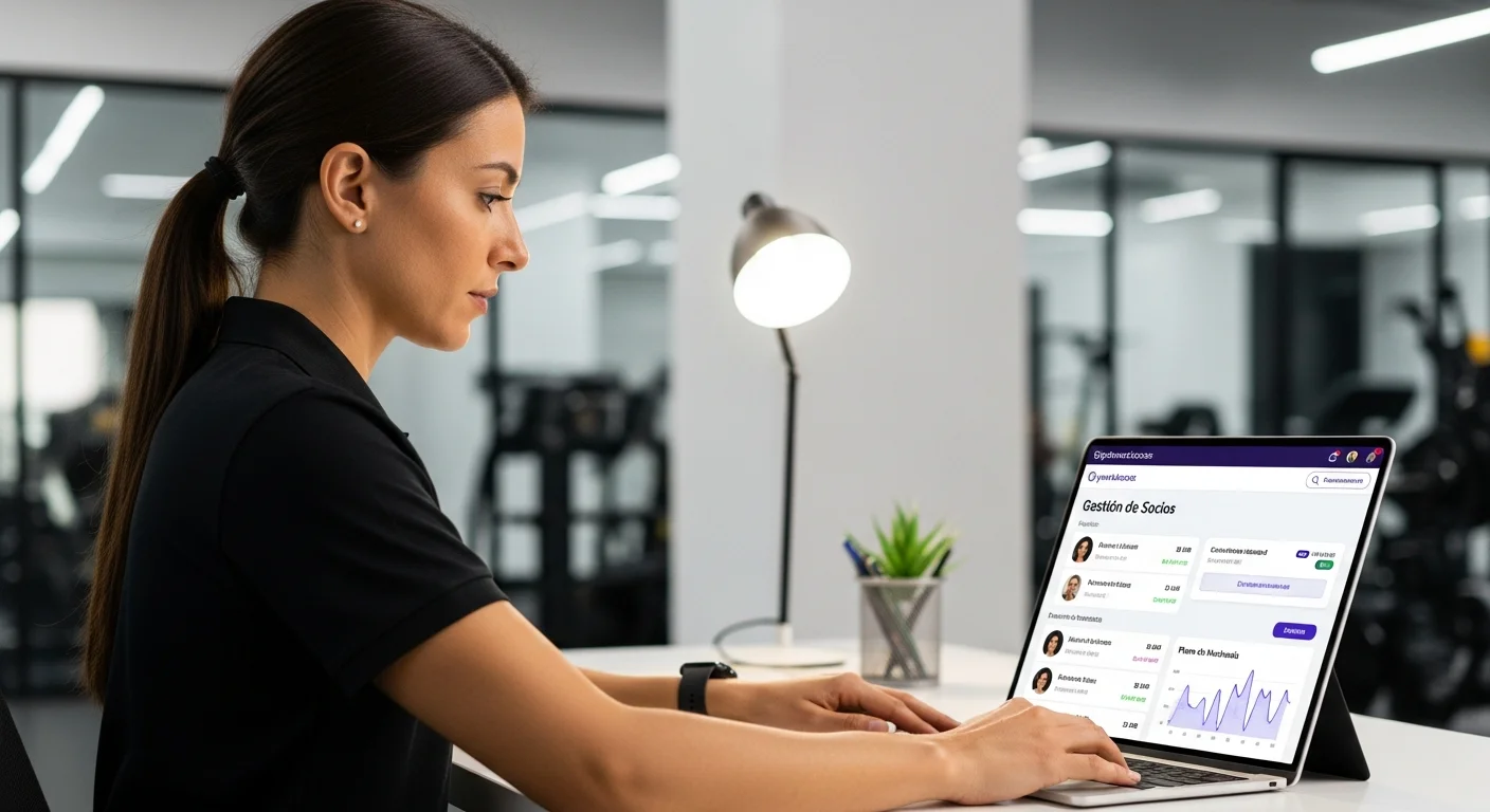 Gerente de gimnasio argentina gestionando socios y planes de membresía en una plataforma digital, centralizando la información.