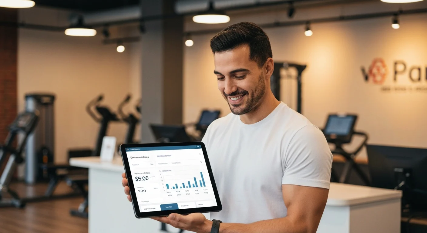 Dueño de gimnasio en Argentina analizando métricas financieras en su tablet para asegurar la rentabilidad del negocio.