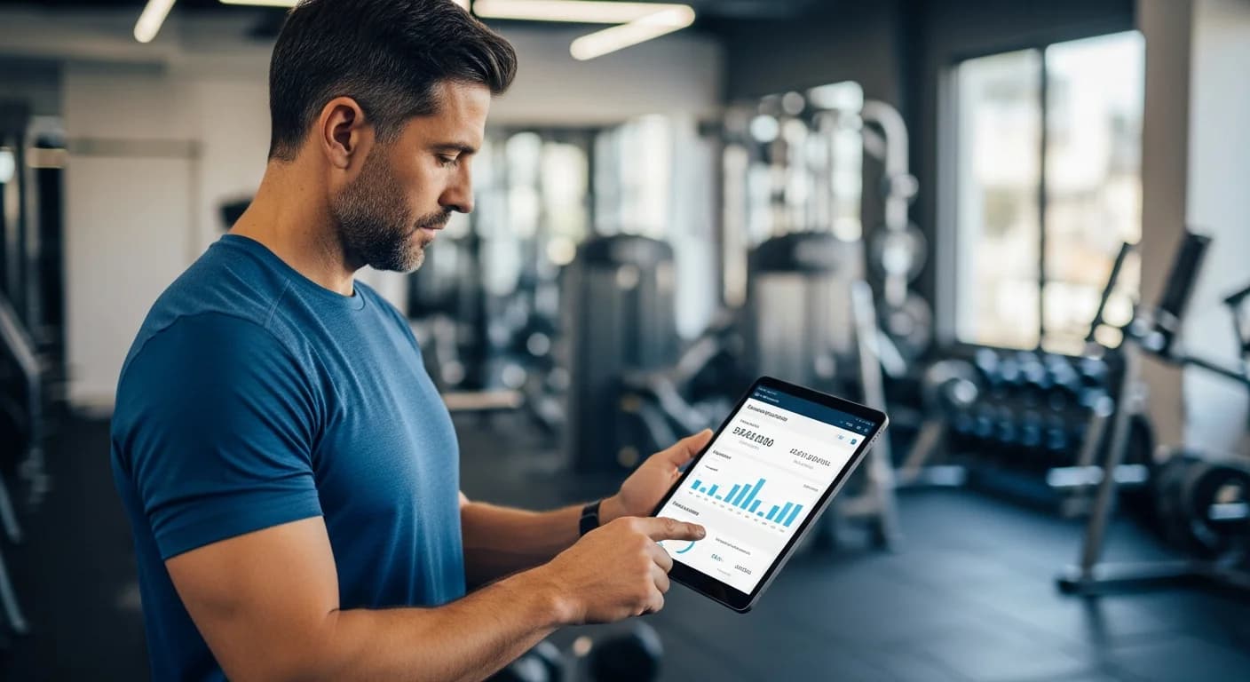 Dueño de gimnasio analizando el flujo de caja y métricas de socios en su tablet dentro de su sede.