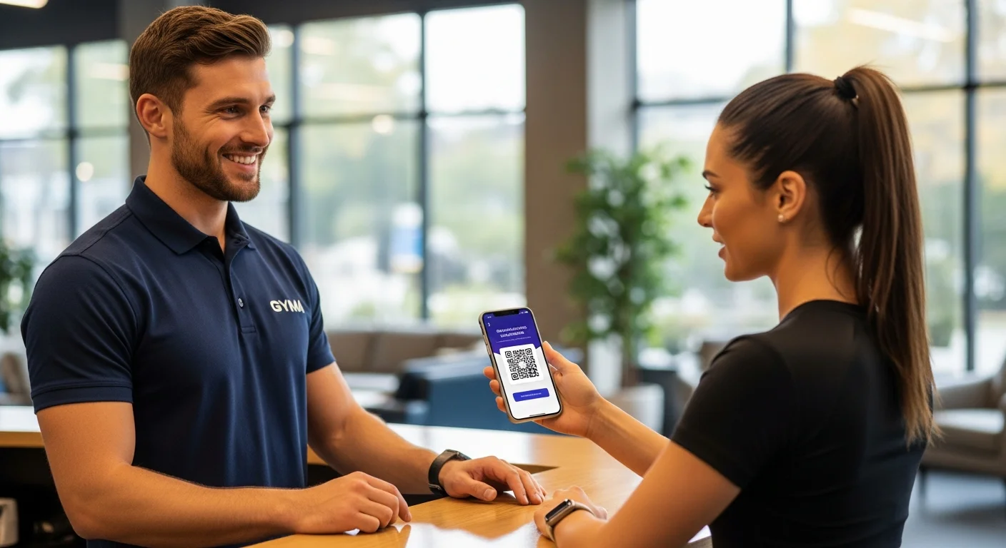 Recepcionista de gimnasio ayudando a un socio a realizar el check-in mediante un sistema de QR profesional.