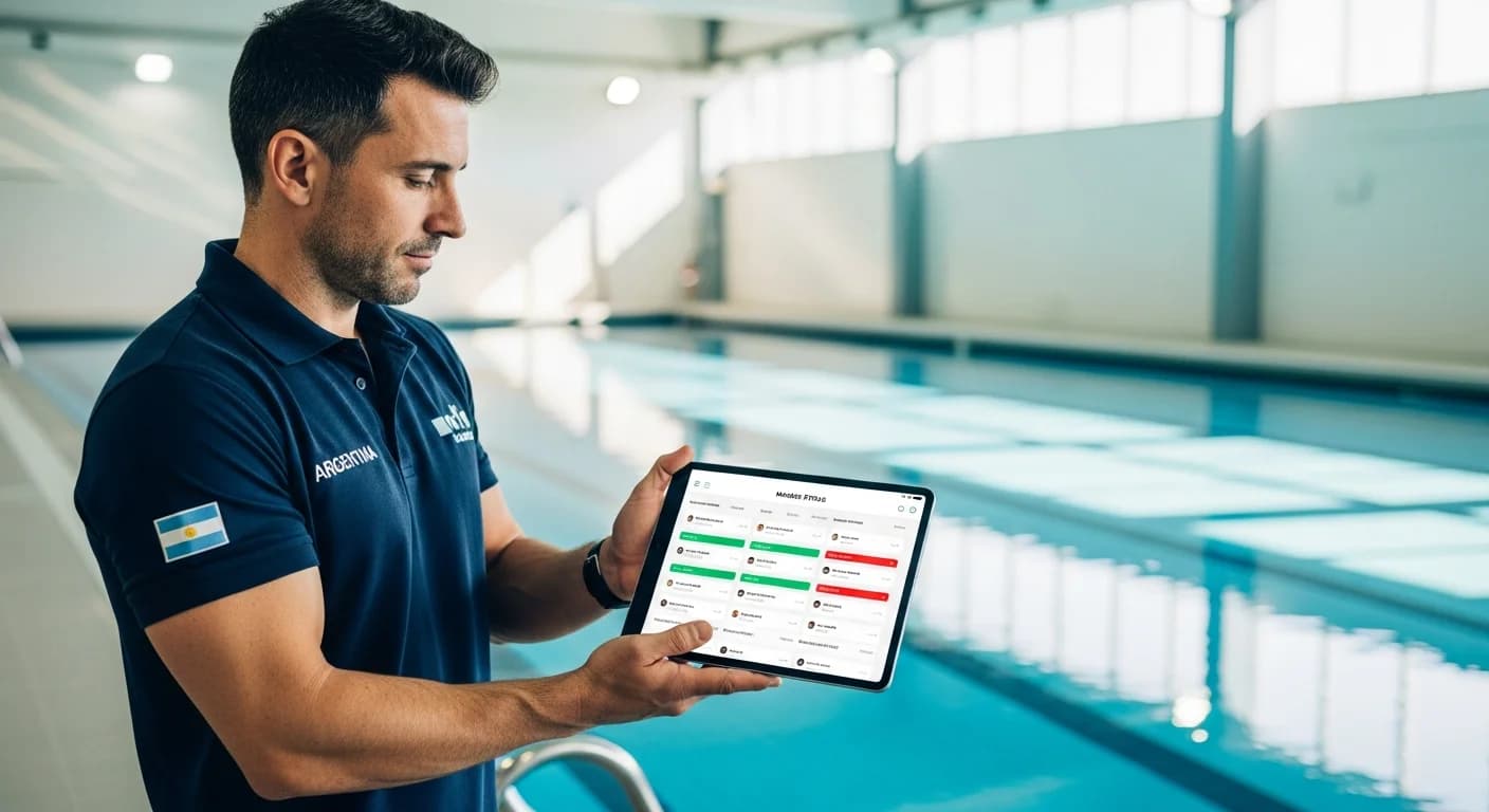 Dueño de club de natación en Argentina gestionando socios y accesos desde una tablet en la recepción.