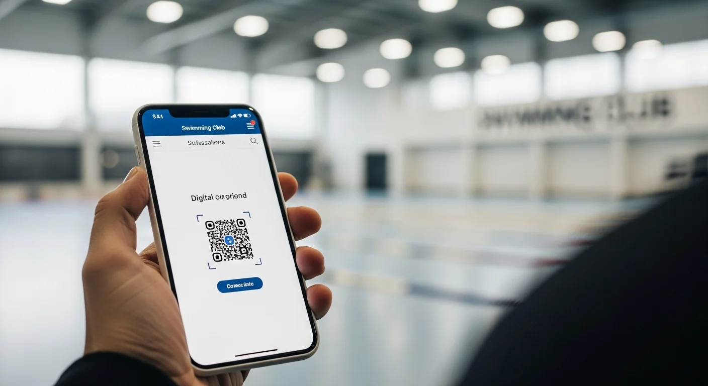 Socio utilizando el sistema de control de acceso por código QR en un natatorio para registrar su ingreso.