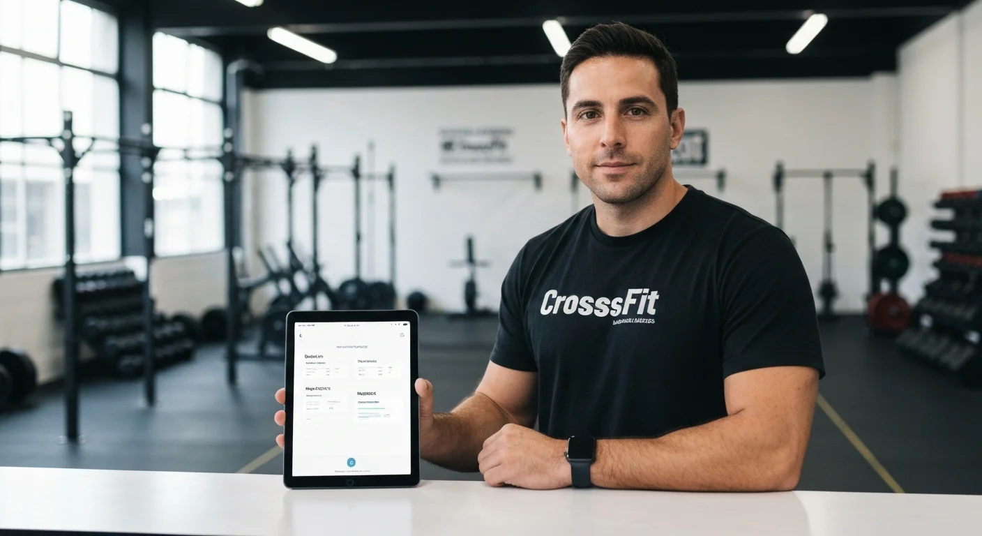 Dueño de box de CrossFit gestionando métricas y socios en una tablet profesional.