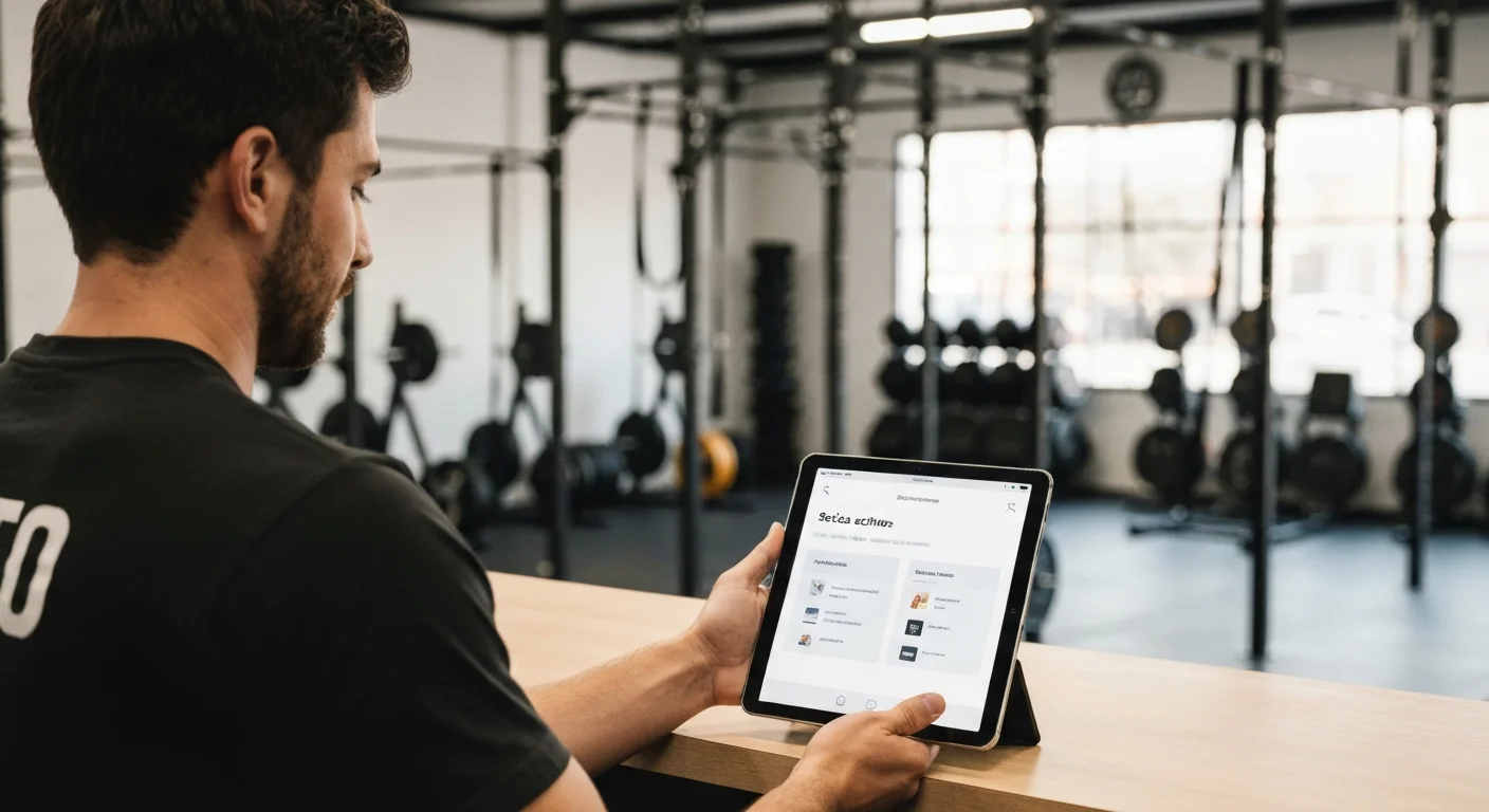 Dueño de box de CrossFit en Argentina gestionando socios y pagos desde una tablet con un tablero de control profesional.