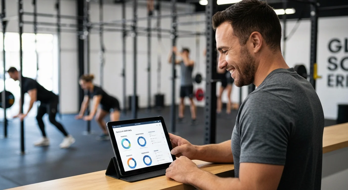 Dueño de box de CrossFit en Argentina gestionando métricas de su gimnasio desde una tablet.
