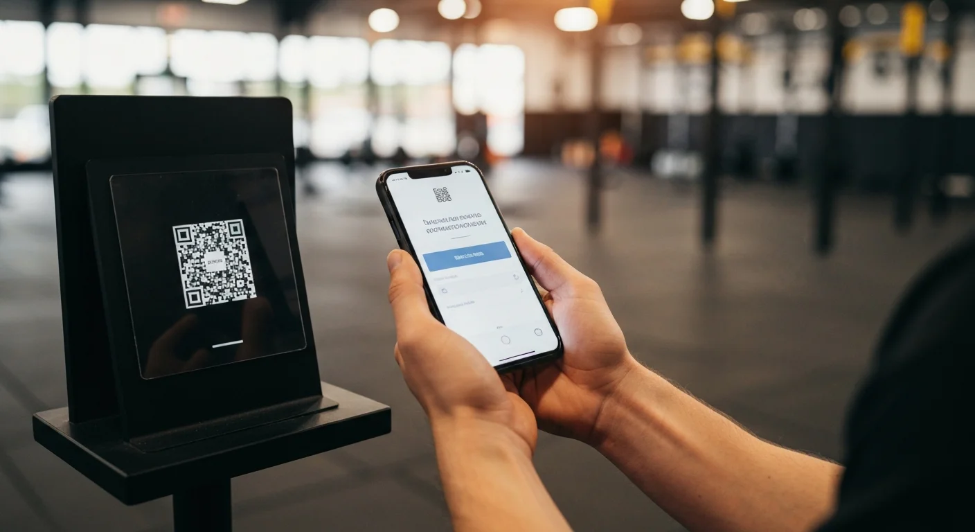 Socio de box de CrossFit realizando check-in con código QR desde su celular en Argentina.
