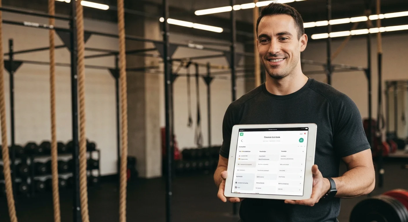 Dueño de box de CrossFit gestionando cupos y reservas desde una plataforma digital en su tablet.