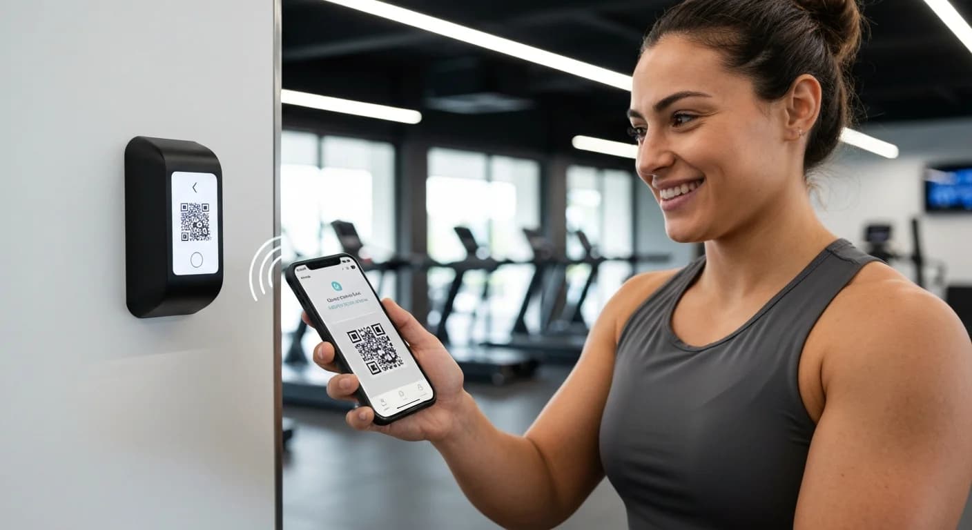 Socio realizando el check-in automático mediante escaneo de código QR en la entrada de un box de CrossFit.