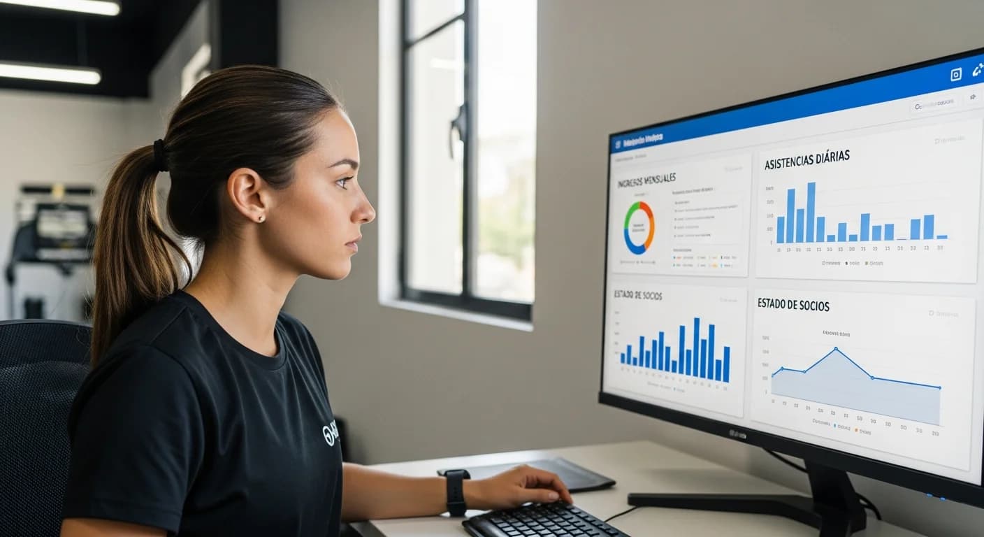 Una gerente de gimnasio analizando gráficos y datos de rendimiento en un monitor, tomando decisiones informadas.