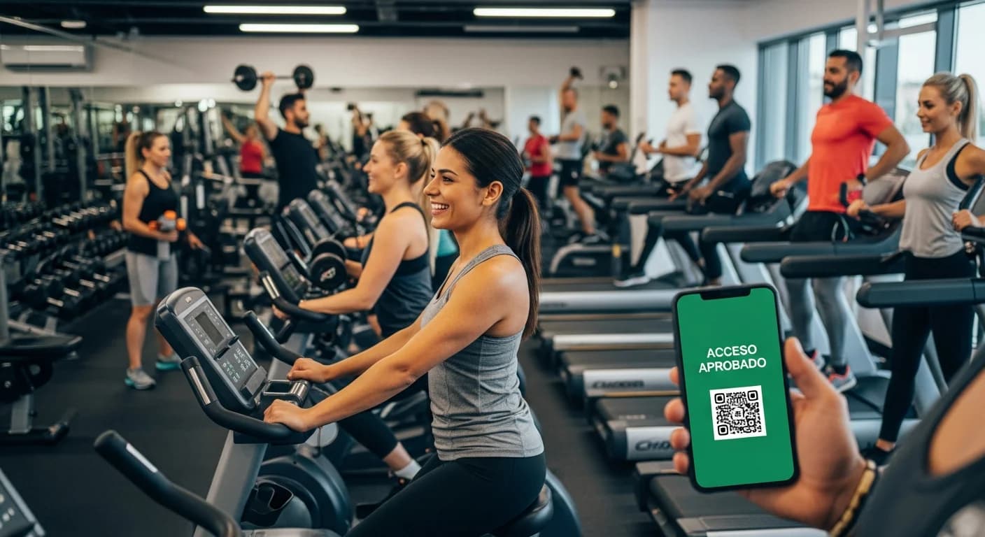 Socios felices y diversos entrenando en un gimnasio moderno, con un smartphone mostrando acceso digital en primer plano.