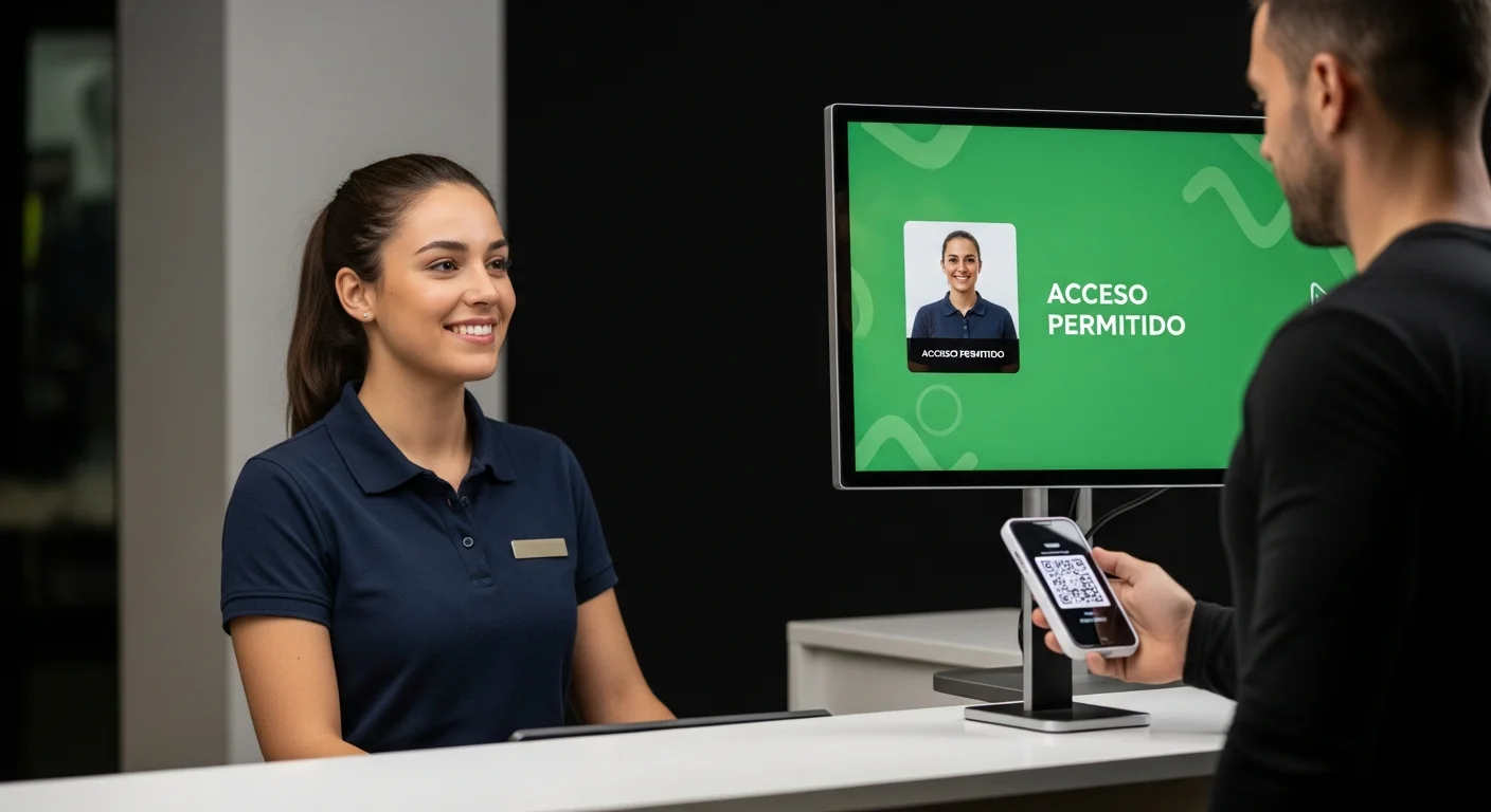 Recepcionista sonriente viendo un monitor con acceso permitido, mientras un socio escanea un QR para ingresar al gimnasio.
