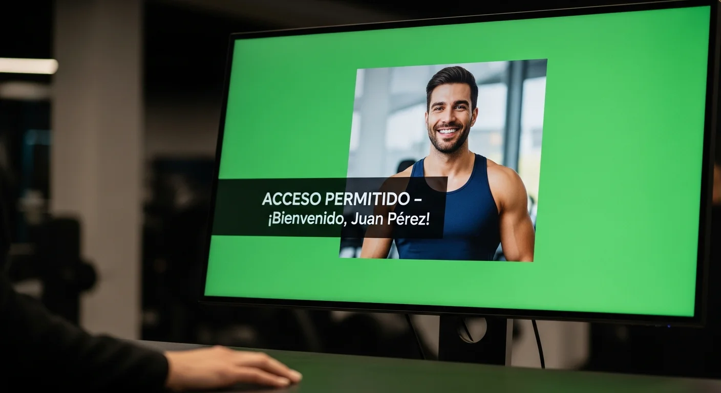 Monitor de gimnasio en tiempo real mostrando 'ACCESO PERMITIDO' con la foto de un socio, para facilitar el check-in.