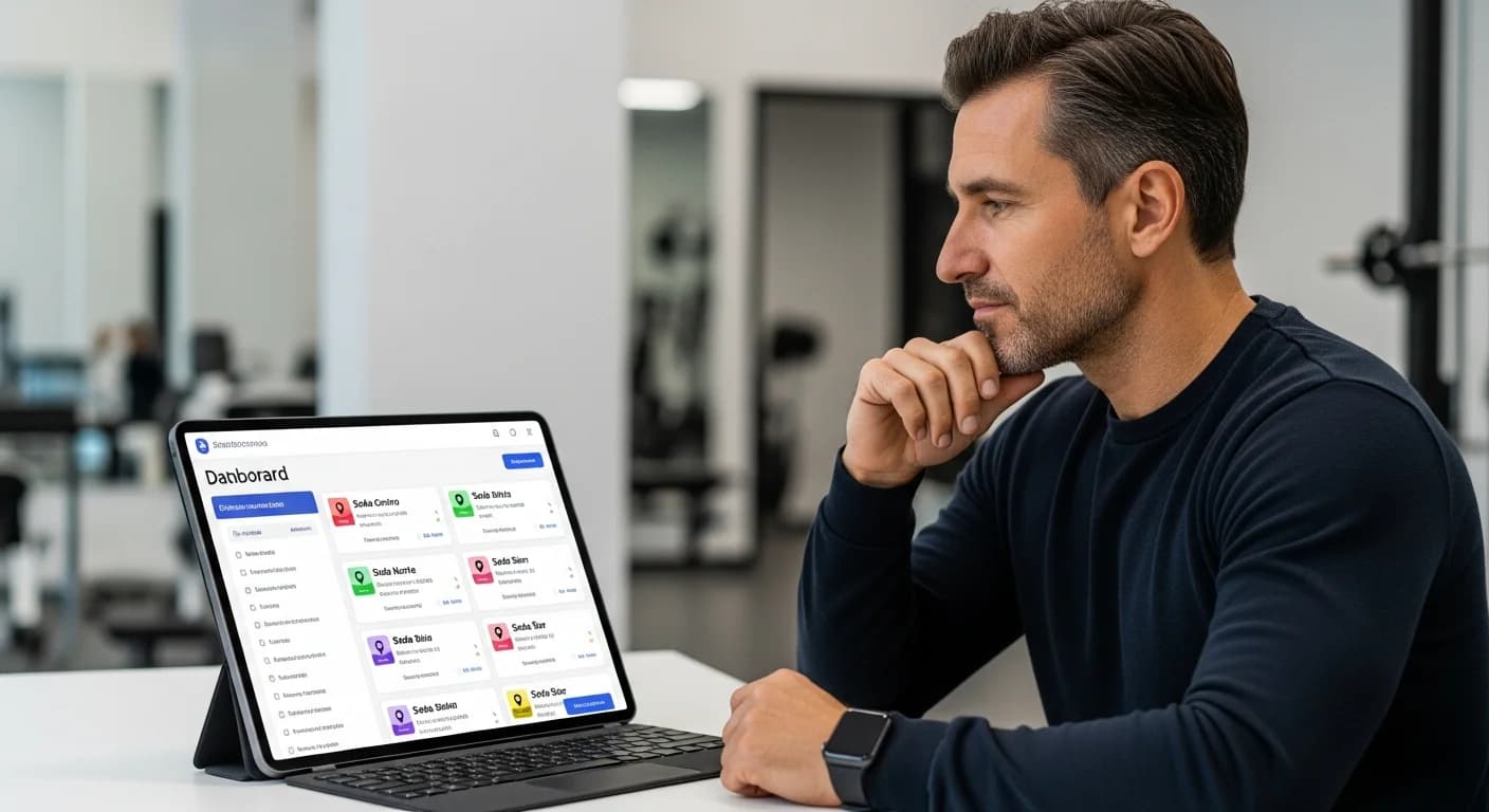Gerente de gimnasio revisando un dashboard multi-sede en una tablet, gestionando varias sucursales desde una plataforma.