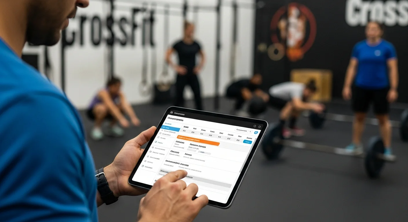 Dueño de box configurando horarios de WODs y clases en una tablet, optimizando la gestión de su box de CrossFit.