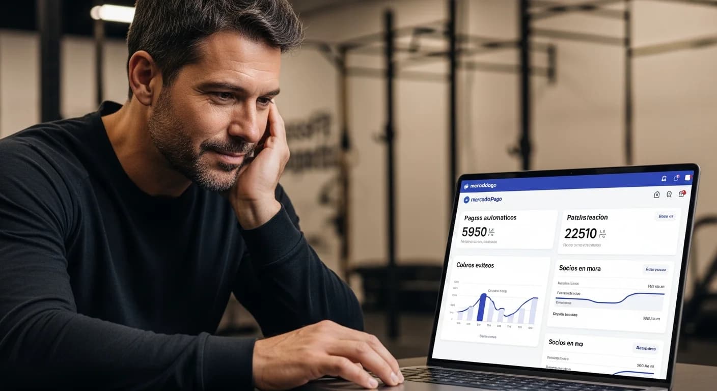Dueño de box revisando dashboard de cobros automáticos con Mercado Pago, gestionando la morosidad de su box en Argentina.