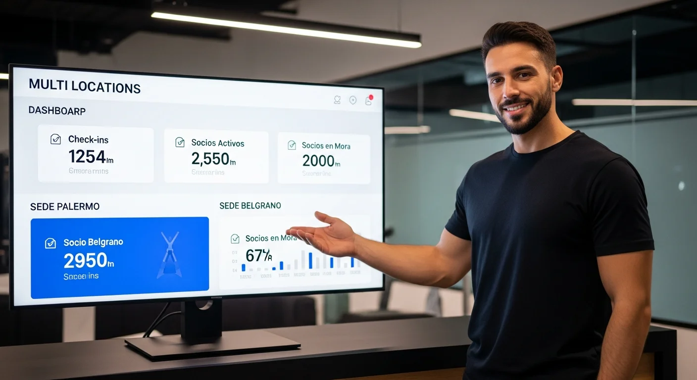 Dueño de box gestionando múltiples sedes de CrossFit desde un dashboard centralizado con métricas de socios y check-ins.