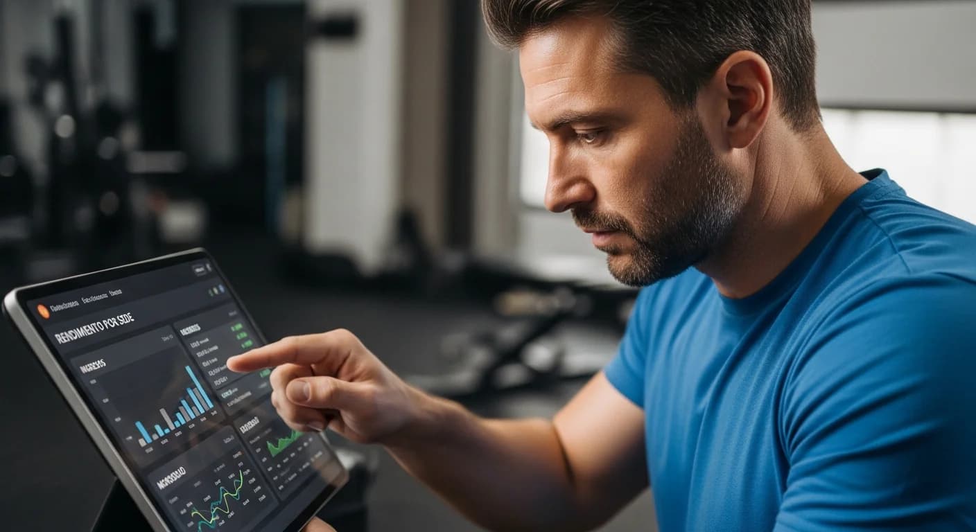 Dueño de gimnasio analizando un dashboard con métricas de rendimiento y morosidad por sede en Argentina.