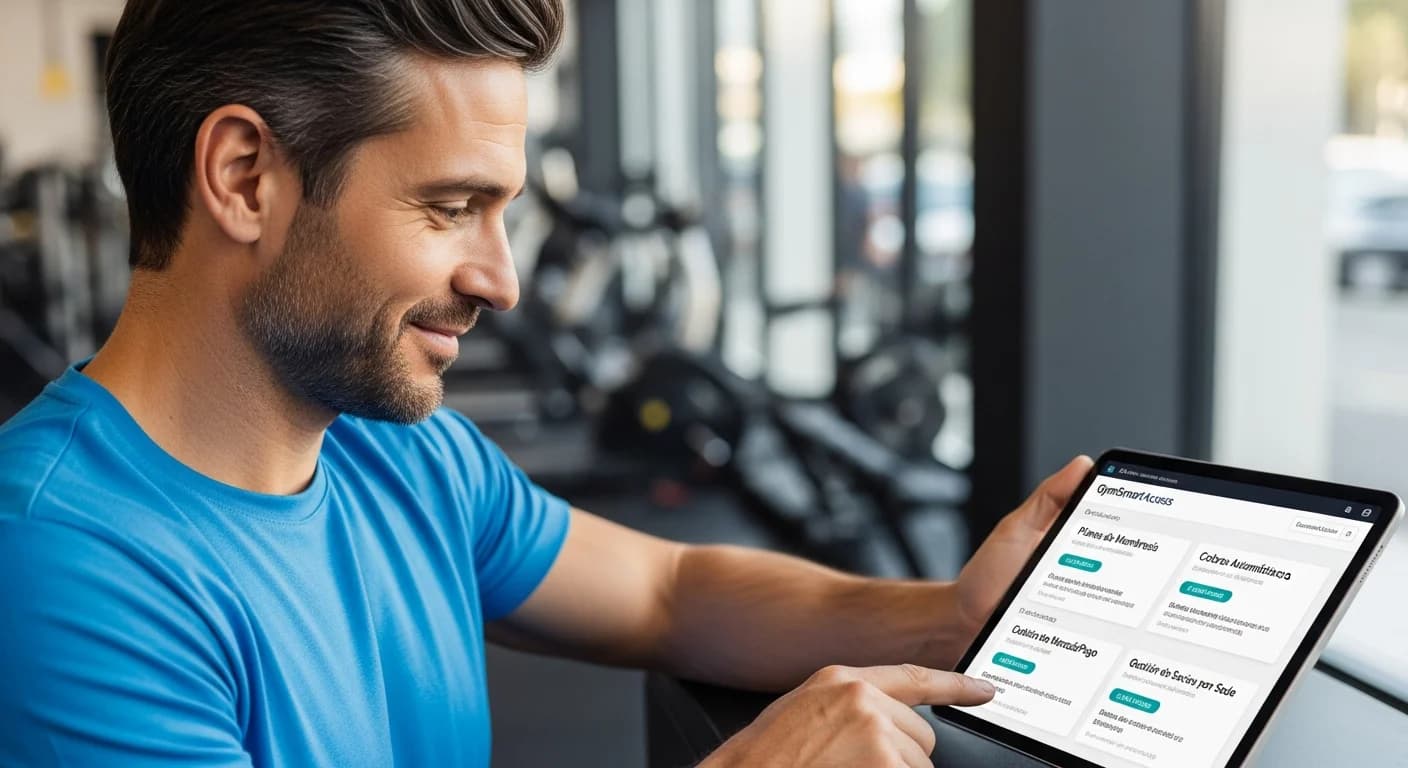 Dueño de gym usando la plataforma GymSmartAccess para centralizar la gestión de socios y cobros automáticos de sus sedes.