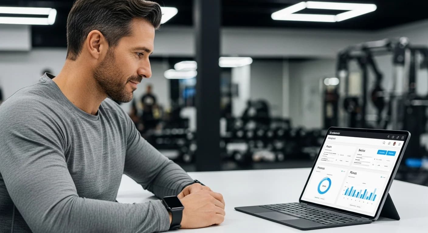 Dueño de gimnasio revisando el panel de gestión en una tablet, con gráficos de pagos y socios en español, en un entorno moderno.