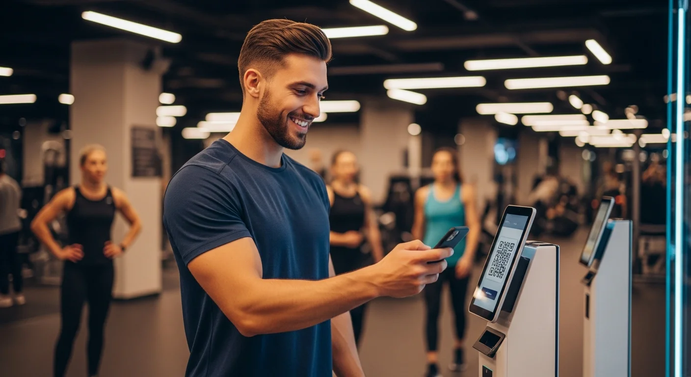 Socio joven sonriendo mientras escanea un código QR con su celular para entrar al gimnasio, mostrando una experiencia fluida.
