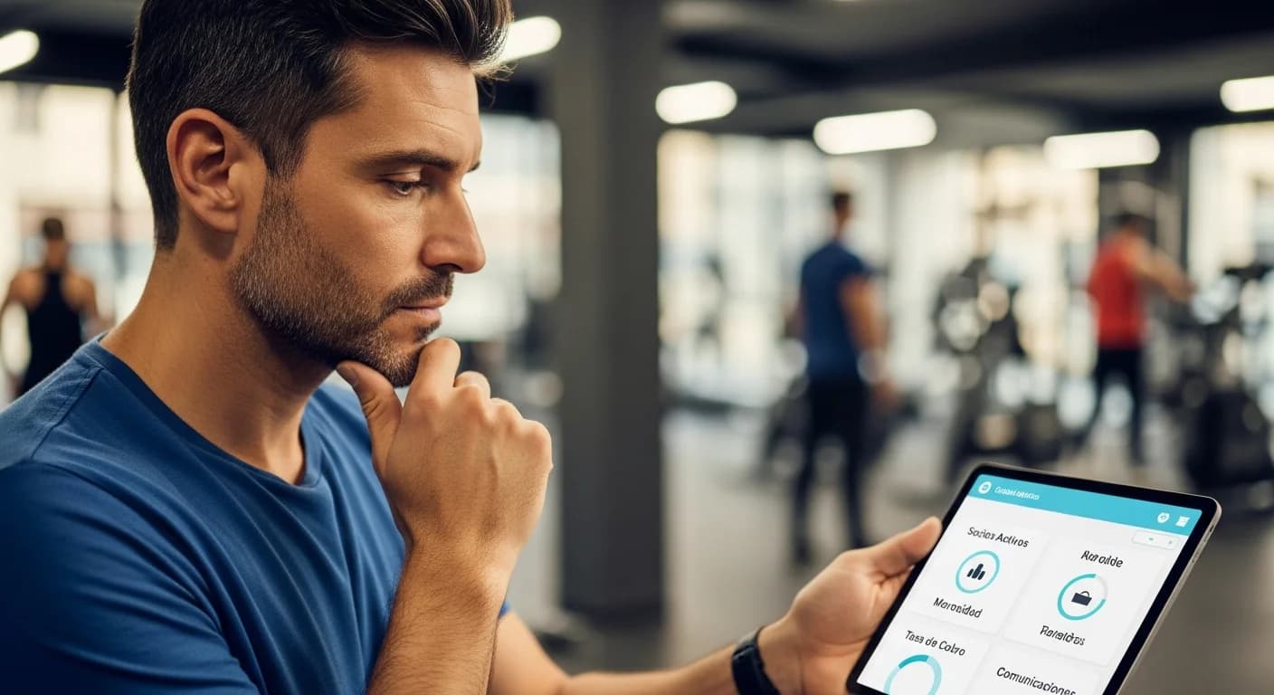 Dueño de gym analizando métricas de comunicación en una tablet, buscando mejorar la lealtad de sus socios en Argentina.