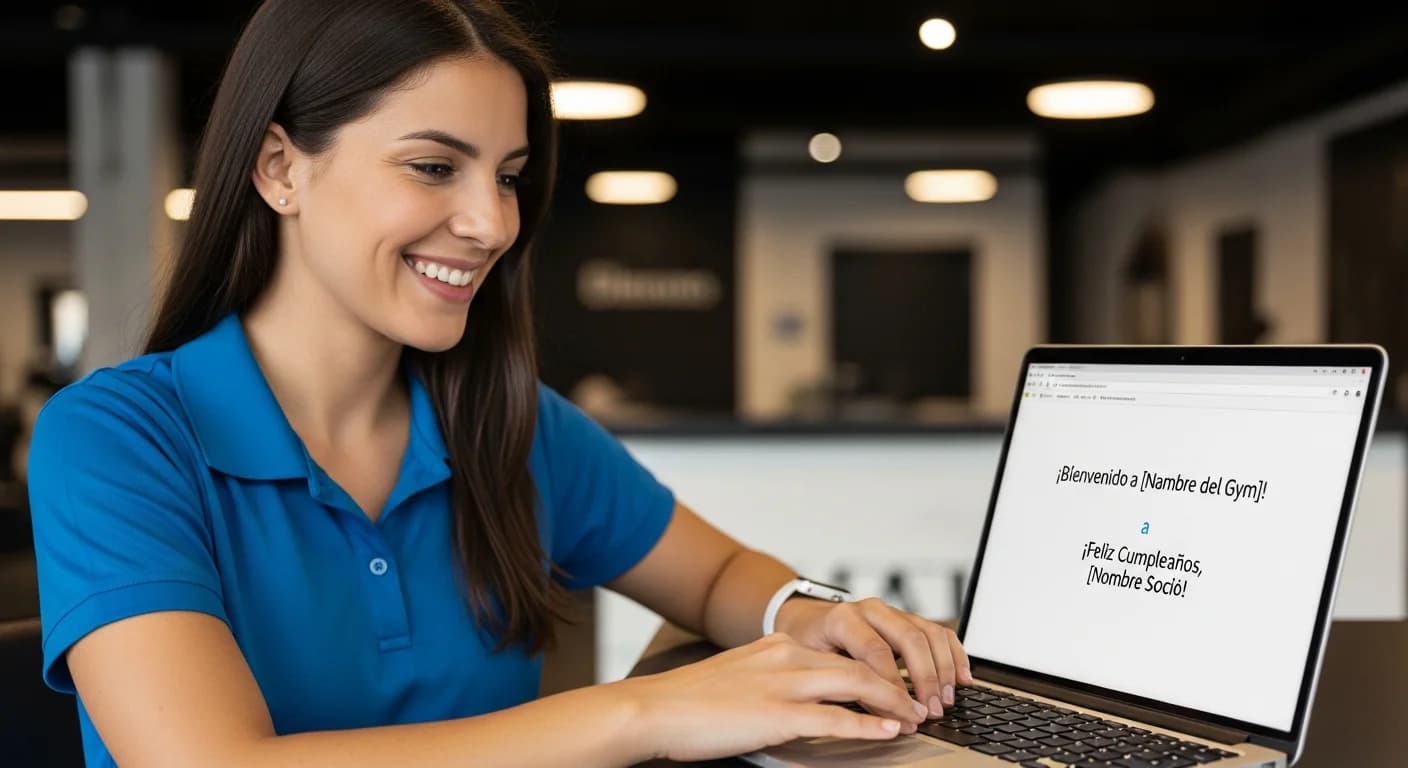Gerenta de gym enviando un mensaje de bienvenida personalizado a un nuevo socio, clave para la lealtad en Argentina.